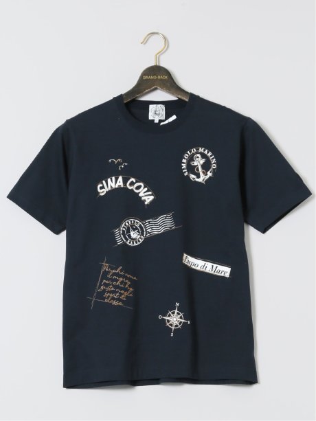 【大きいサイズ】シナコバ/SINA COVA 綿天竺 マリン クルーネック半袖Tシャツ