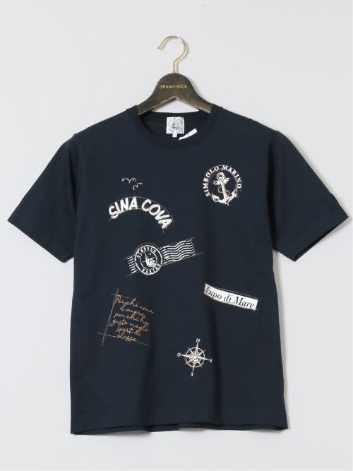 【大きいサイズ】シナコバ/SINA COVA 綿天竺 マリン クルーネック半袖Tシャツ