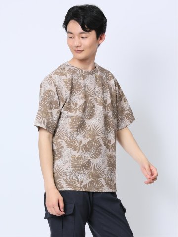 エンボスワッフル リーフ柄クルーネック半袖Tシャツ