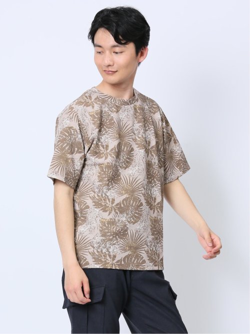 エンボスワッフル リーフ柄クルーネック半袖Tシャツ