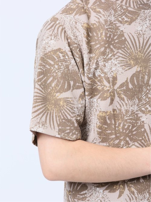 エンボスワッフル リーフ柄クルーネック半袖Tシャツ