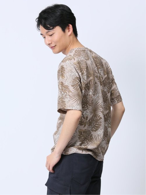 エンボスワッフル リーフ柄クルーネック半袖Tシャツ