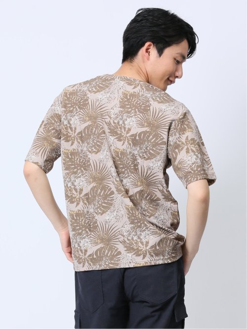 エンボスワッフル リーフ柄クルーネック半袖Tシャツ