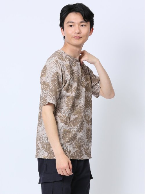エンボスワッフル リーフ柄クルーネック半袖Tシャツ