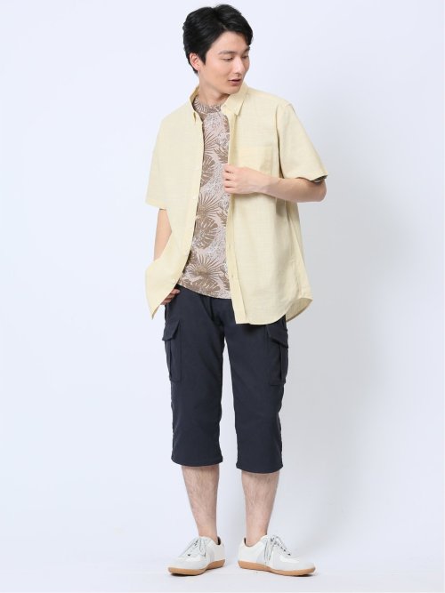 エンボスワッフル リーフ柄クルーネック半袖Tシャツ