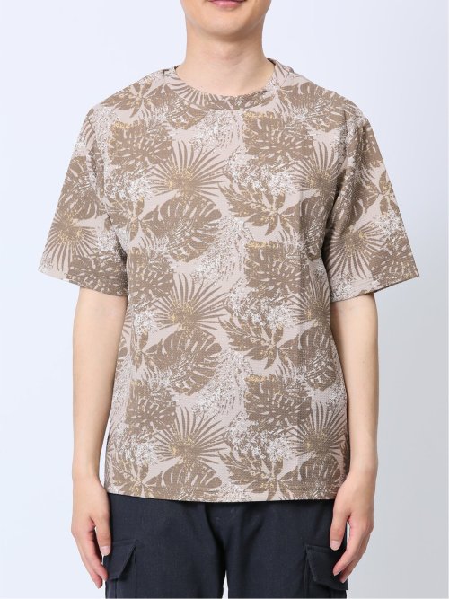 エンボスワッフル リーフ柄クルーネック半袖Tシャツ