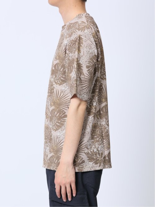 エンボスワッフル リーフ柄クルーネック半袖Tシャツ