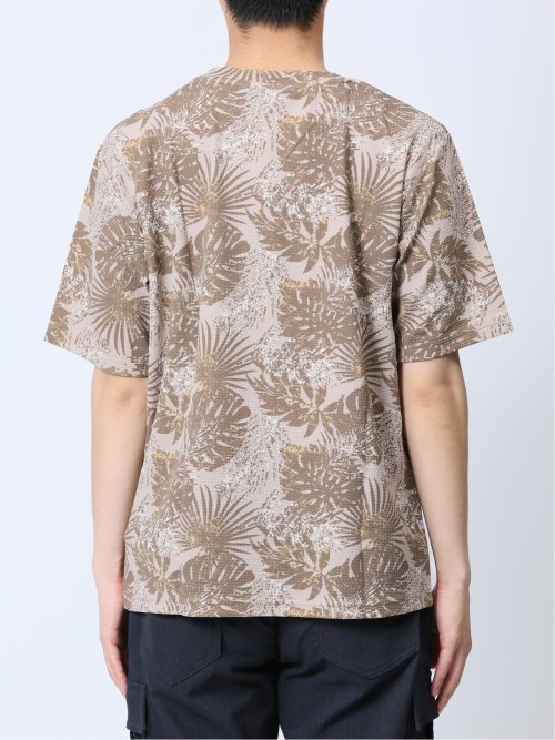 エンボスワッフル リーフ柄クルーネック半袖Tシャツ