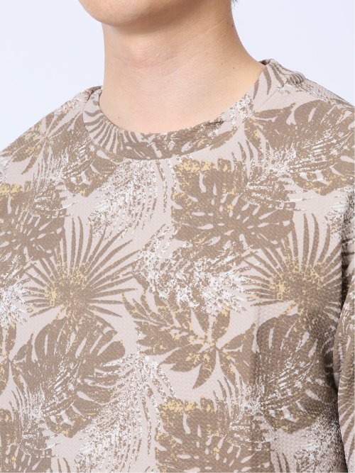 エンボスワッフル リーフ柄クルーネック半袖Tシャツ