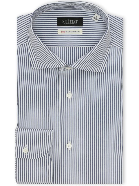 綿混双糸 ストレッチ テーラードフィット ワイドカラー 長袖シャツ