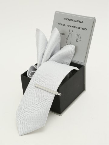 フォーマルネクタイ＆チーフ＆タイバー BOXセット グレンチェック