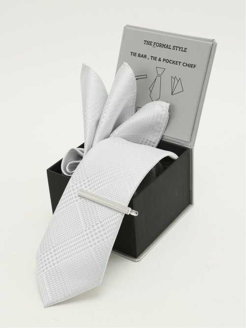 フォーマルネクタイ＆チーフ＆タイバー BOXセット グレンチェック