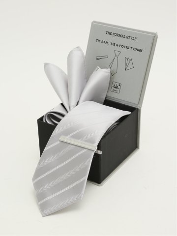 フォーマルネクタイ＆チーフ＆タイバー BOXセット ストライプ