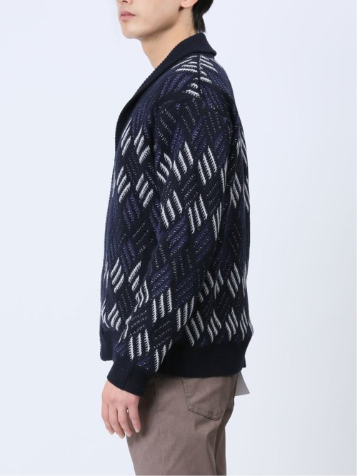 配色ダイヤ柄 ショールカラーニットアウター