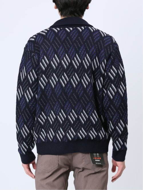 配色ダイヤ柄 ショールカラーニットアウター