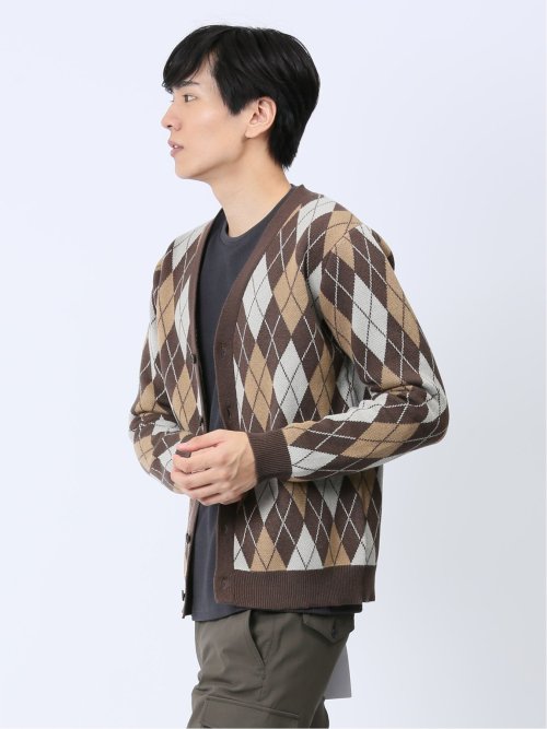 アーガイル柄 Vネック ニットカーディガン