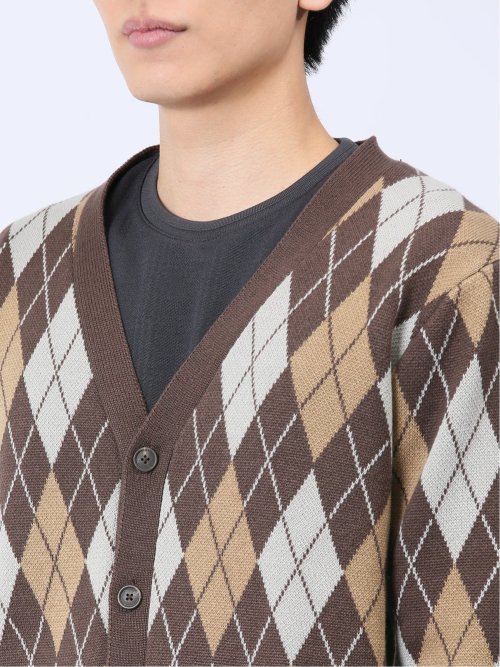 アーガイル柄 Vネック ニットカーディガン