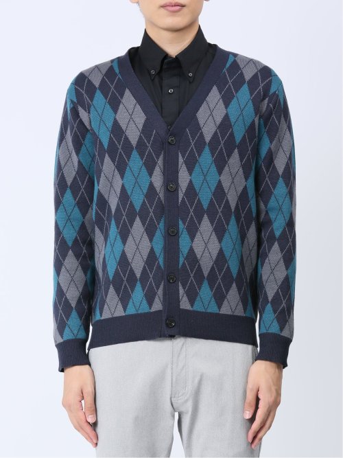 アーガイル柄 Vネック ニットカーディガン