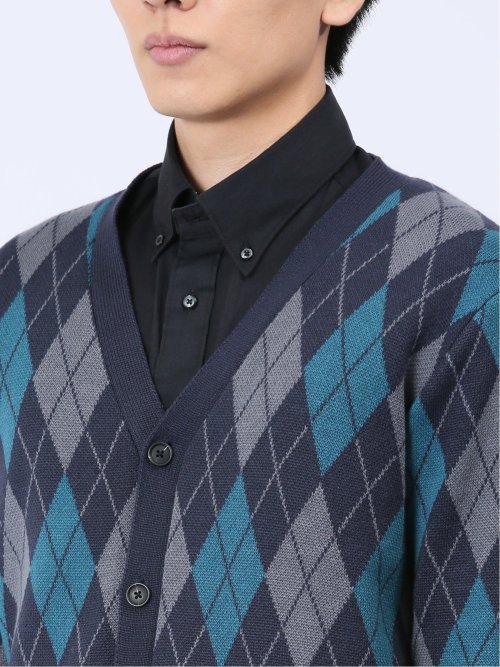 アーガイル柄 Vネック ニットカーディガン