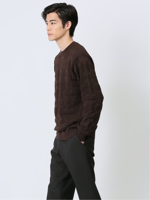 変形チェックジャガード クルーネックニット