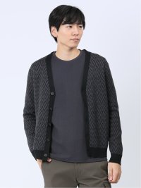 幾何学柄 Vネック ニットカーディガン(M 05黒): トップス | TAKA-Q 