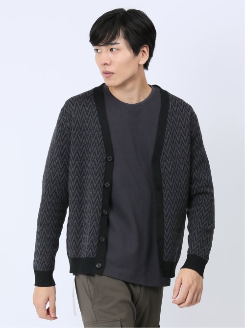 幾何学柄 Vネック ニットカーディガン