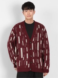 幾何学柄 Vネック BIGニットカーディガン(M 15ワイン): トップス  