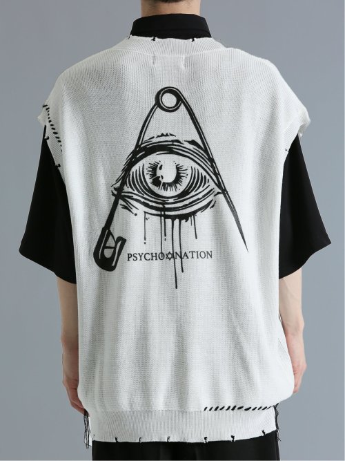 SATベスト SD×PSYCHONATION ステッチダメージ BIGニットベスト(M 01白): トップス