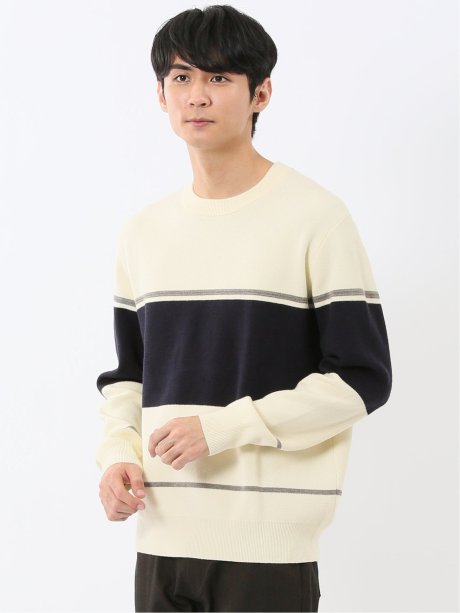 ウォッシャブル ストレッチ 配色切替 クルーニット