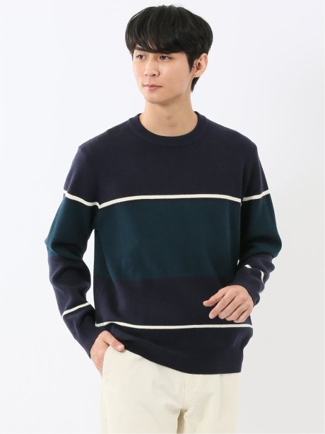 ウォッシャブル ストレッチ 配色切替 クルーニット