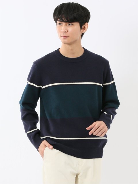 ウォッシャブル ストレッチ 配色切替 クルーニット