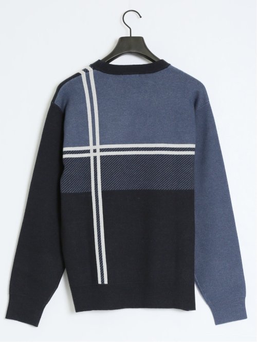 ストレッチウォッシャブル ふわもち配色チェック柄 クルーニット