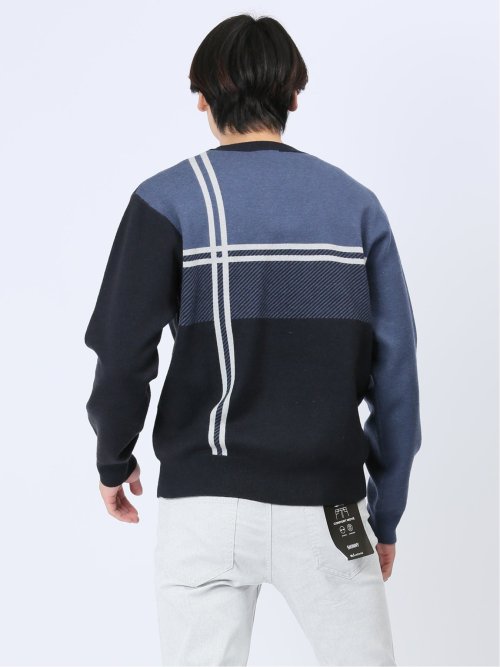 ストレッチウォッシャブル ふわもち配色チェック柄 クルーニット