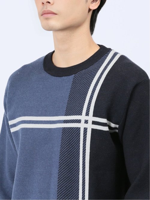 ストレッチウォッシャブル ふわもち配色チェック柄 クルーニット