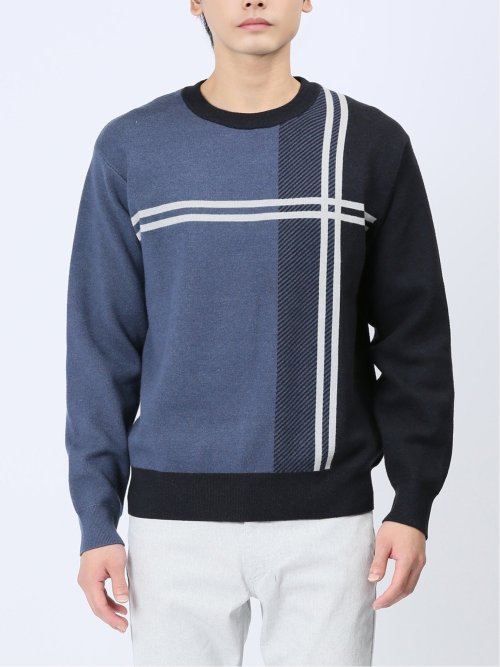 ストレッチウォッシャブル ふわもち配色チェック柄 クルーニット