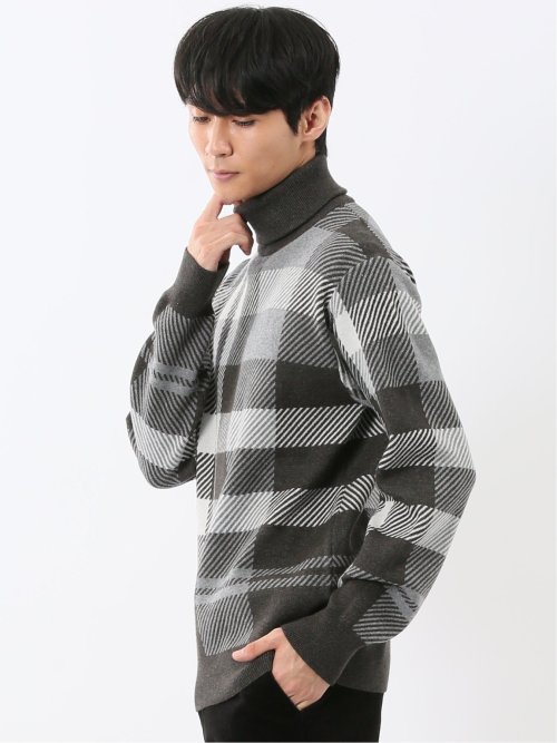 ウォッシャブル ストレッチ チェック柄 タートルニット