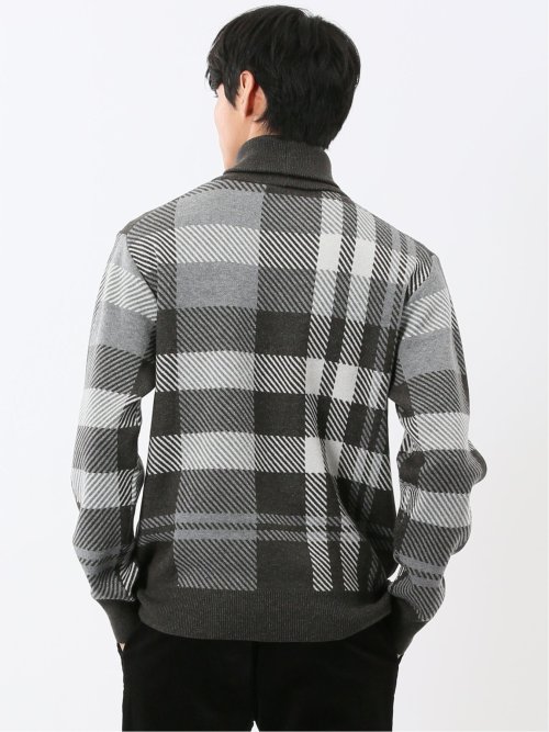 ウォッシャブル ストレッチ チェック柄 タートルニット