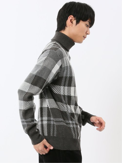 ウォッシャブル ストレッチ チェック柄 タートルニット