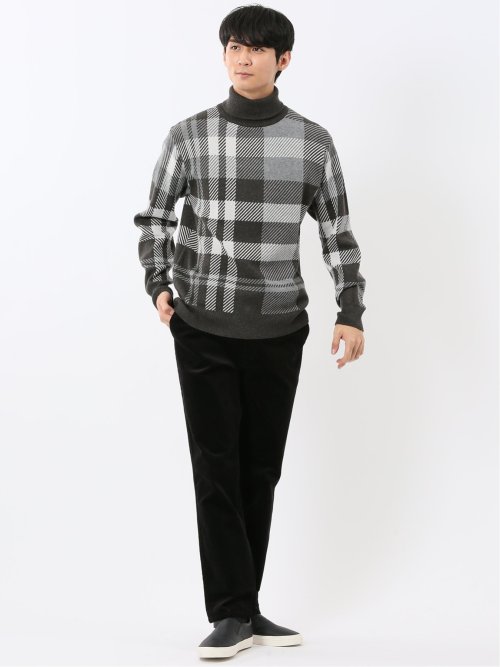 ウォッシャブル ストレッチ チェック柄 タートルニット