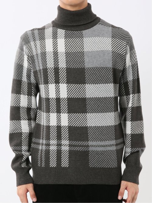 ウォッシャブル ストレッチ チェック柄 タートルニット