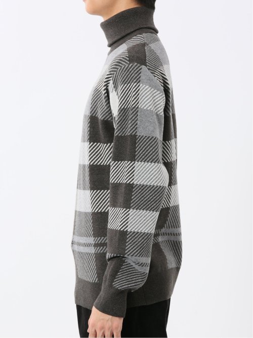 ウォッシャブル ストレッチ チェック柄 タートルニット