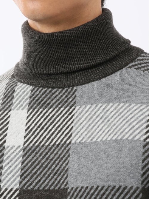 ウォッシャブル ストレッチ チェック柄 タートルニット
