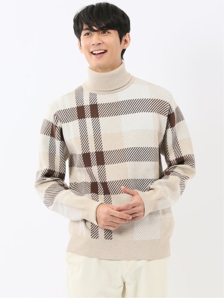 ウォッシャブル ストレッチ チェック柄 タートルニット