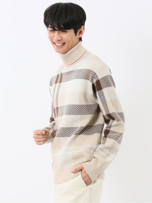 ウォッシャブル ストレッチ チェック柄 タートルニット