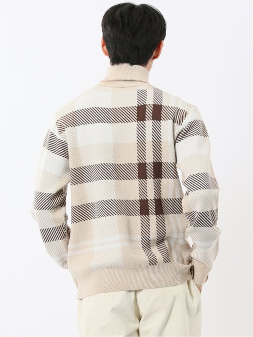 ウォッシャブル ストレッチ チェック柄 タートルニット