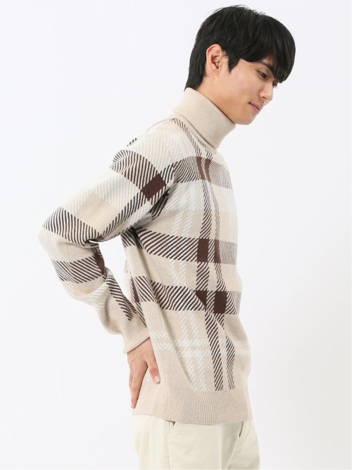 ウォッシャブル ストレッチ チェック柄 タートルニット