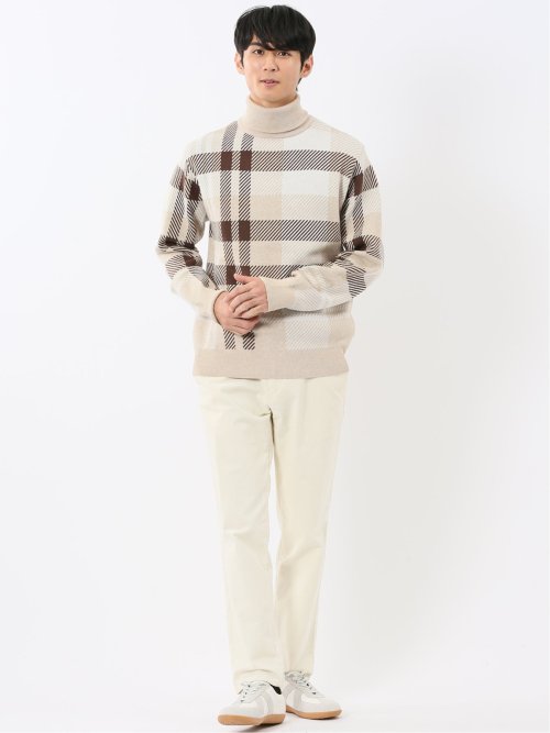 ウォッシャブル ストレッチ チェック柄 タートルニット