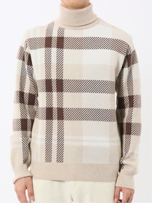 ウォッシャブル ストレッチ チェック柄 タートルニット