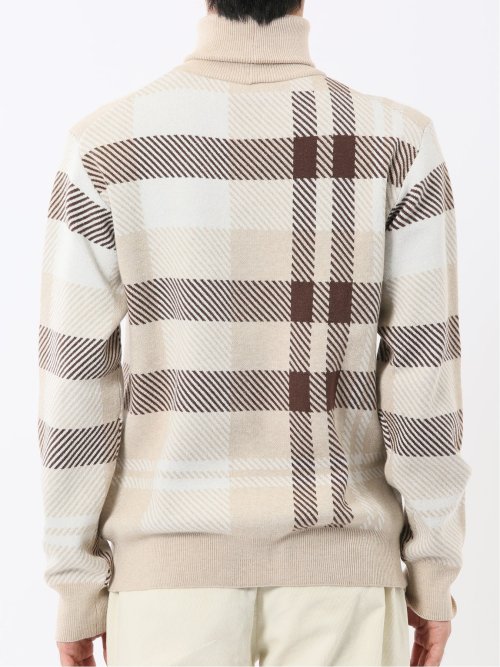 ウォッシャブル ストレッチ チェック柄 タートルニット