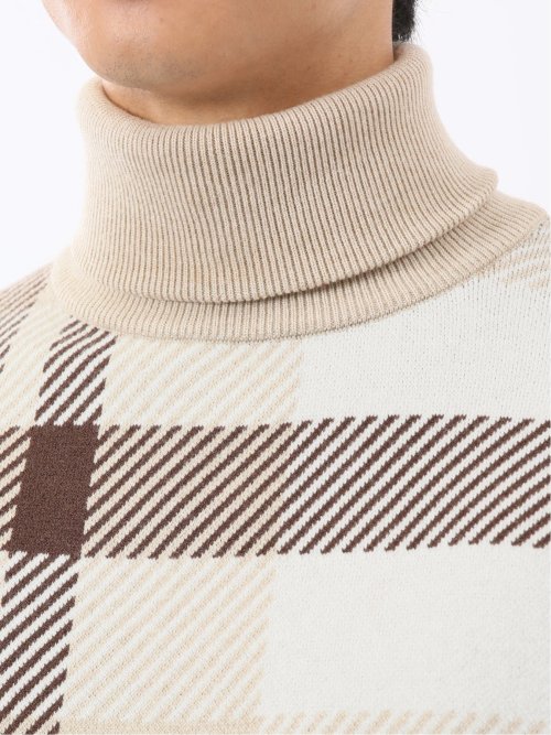 ウォッシャブル ストレッチ チェック柄 タートルニット
